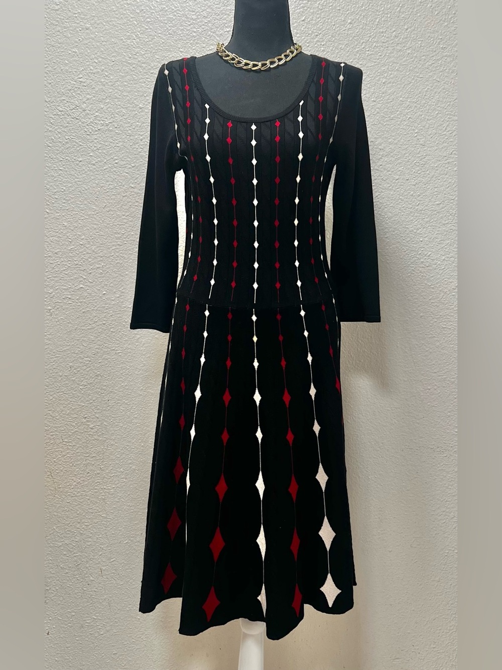 Danny & Nicole Black Long-Sleeve Knit Dress with Red & White Diamond Stripe